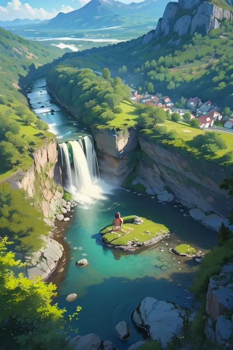 (masterpiece, Best Quality, High resolution), 1 girl, swimsuit, in the stomach, lying, looking at the viewer, landscape trees , waterfall and mountain stones,((view from above))
