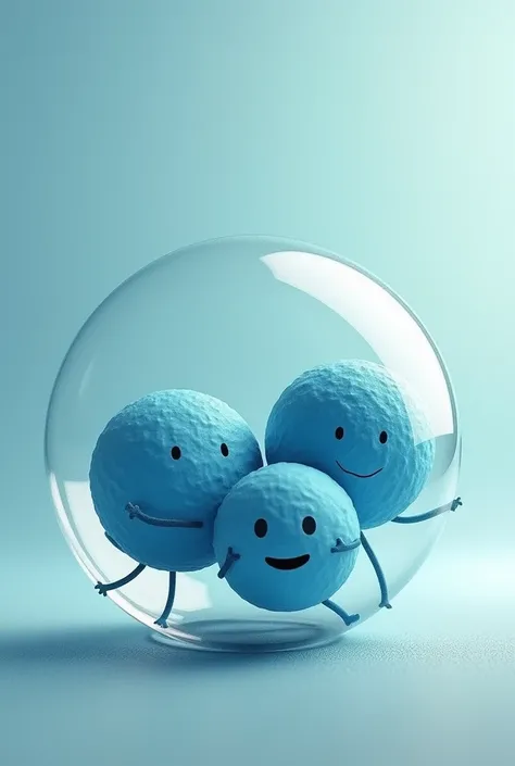 3 round blue balls with arms and legs inside a bubble trying to get out of the bubble. 