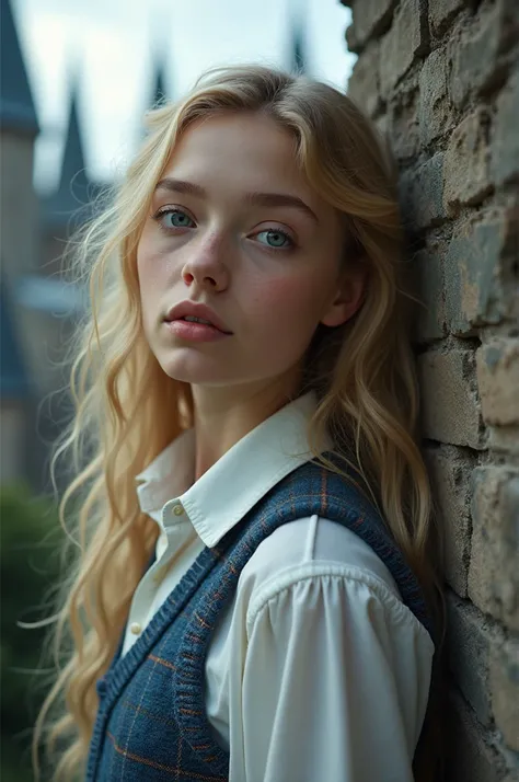 Very pretty 17 year old girl with wavy curly blonde hair and dark gray eyes. Dressed in white button up shirt and blue plaid vest. Background of hogwarts castle. Realistic photograph headshot lifelike