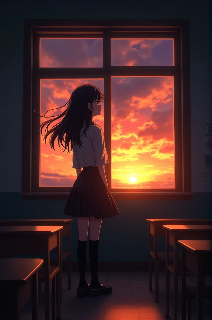 an empty and lonely anime class with a girl in uniform with big black hair looking through a beautiful view of the orange sunset through a glassless window