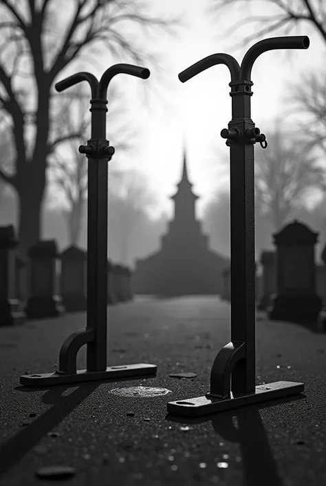 Push-up stands in front of a cemetery in black and white 