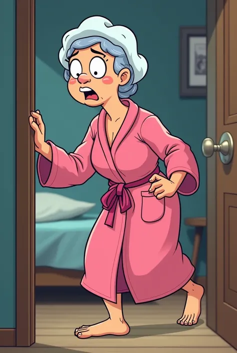 Make a 50-year-old mother with a shower cap and a pink robe, She just heard a noise outside her room, try to make it like a cartoon 