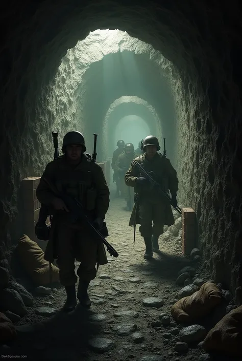 An intricate, dark tunnel system with narrow passageways, low ceilings, and minimal lighting. Include soldiers in period-appropriate gear moving through the tunnels, with visible signs of supplies and makeshift living conditions.