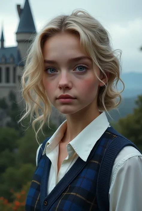 Very pretty 17 year old girl with wavy curly pale blonde hair and dark gray eyes. Dressed in white button up shirt and blue plaid vest. Background of hogwarts castle. Realistic photograph headshot lifelike