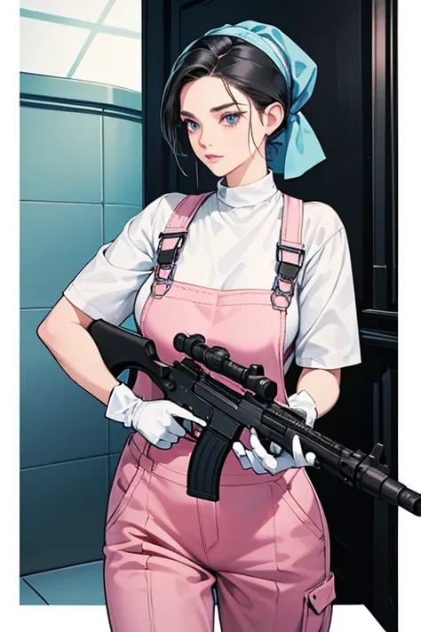 A mature woman with black hair tied up, wearing large pink rubber gloves, a white cloth wrapped around her head, blue overalls and holding a submachine gun in the bathroom