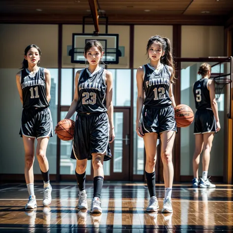 ExtremelyDetailed (((Basketball Team Girls in a row:1.4))), Childish perfect face, Reflective Eyes, Detailed(Delicate Clothing textures), Corrected Leg to Foot Line, Corrected Perfect Hand, Dynamic Joyful Expressions LifeLike Rendering, ((Specular Reflecti...