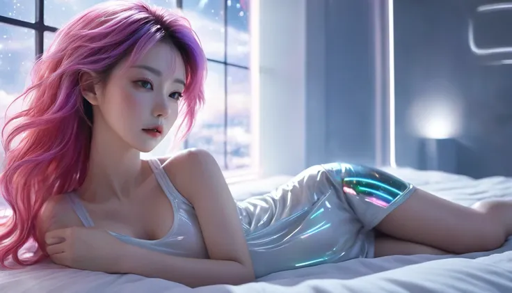 (best quality,8K,Extremely detailed:1.2),(CG,CG Art,3D Rendering),(masterpiece:1.2),（Crawl on the table），（Sexy clothing），(Movie Lighting,Futuristic),(Woman lying in bed,Sleep,Close your eyes),(There is a big window behind her,silent Night),(Colorful hair:1...