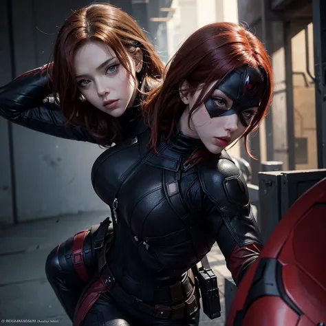 the Black widow from Marvel films, using a Deadpool costume suite without the mask, Scarlett Johanssons faces