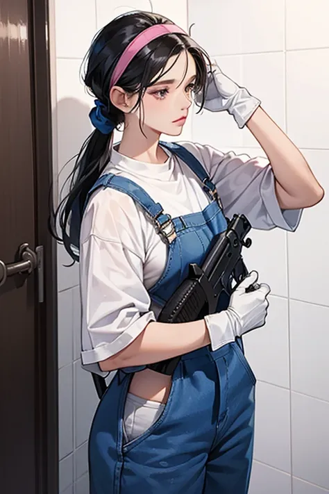 A mature woman with black hair tied up, wearing large pink rubber gloves, a white cloth wrapped around her head, blue overalls and holding a submachine gun in the bathroom