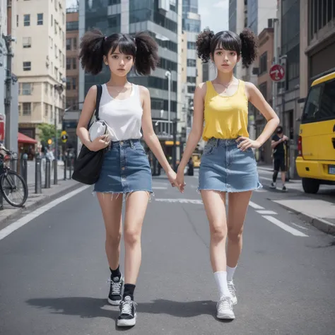 The 18-year-old woman is wearing a yellow tank top and a denim skirt.。She is wearing white socks and black high-top sneakers.。Her hair is black and curly in twin tails.。4K、 3D Anime Style、The background is a city of buildings