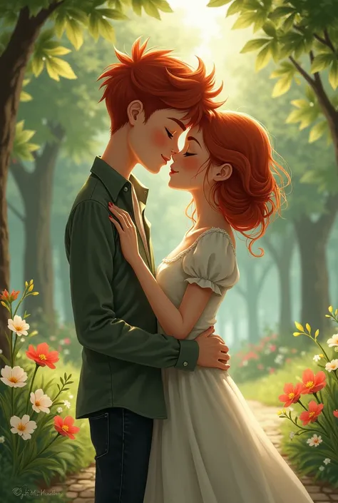 I need an image of a tall, thin red-haired boy kissing a girl in a park without showing their faces realistically 
