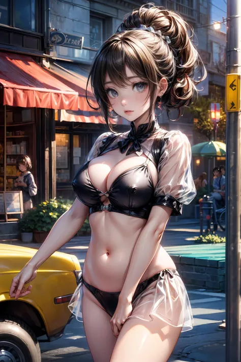 ((masterpiece)), ((Highest quality)), ((High resolution)), ((Highly detailed CG Unity 8k wallpaper)), alone、Main Street、building、car、Summer cafe terrace、high school girl、Patent leather bikini、See-through、belly button、Nipple swelling、Underbust、hair、Straight...