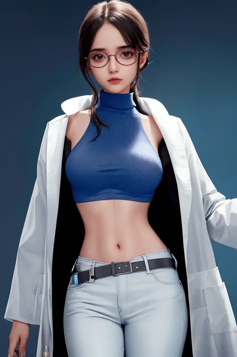 Girl in Laboratory, Turtle-neck, lab coat, showing navel, belt, Exposing the abdomen below the navel, well-dressed, glasses, blue jean, laboratory
