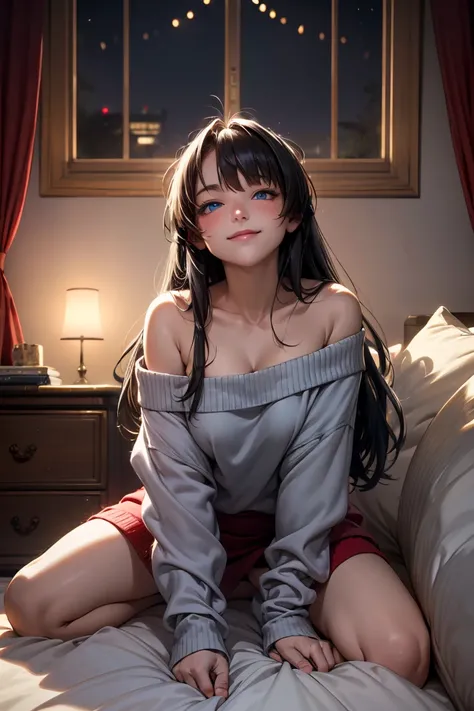 masterpiece, best quality, high resolution, Very detailed, Smile, Woman with long black hair and bangs, Bright blue eyes, Beautiful girl looking at camera, Front view, ((Off-shoulder sweater)),((Light red sweater)),barefoot, night, Indoor Warmth, Image ill...