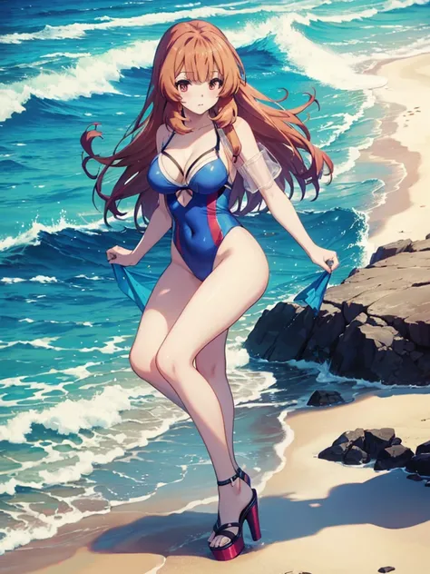 Raphtalia in blue swimsuit and sexy open toe platform high heels on the beach 