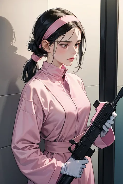 A mature woman with black hair tied up and a sad expression on her face, wearing large pink rubber gloves, a white cloth wrapped around her head, a blue long-sleeved jumpsuit, and holding a submachine gun in the bathroom