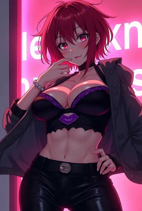 Jthan67, Ahoge, reddish wine hair, Jacket with hole shows purple cleavage, black blouse, black pants, reddish wine eyes, pose sexy, big butt, short hair, disheveled hair, Stupid, vtuber