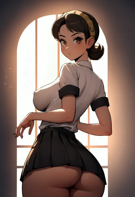 1 girl, Brunetette, latina, Age 22, big-ass, good natural breast, from behind but still looking at the camera, cambrante, dressed in a black schoolgirl skirt and a white shirt that shows off the shape of her breasts and ass, cleary see face, 8k, ultra HD