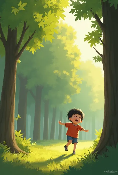 There is a boy playing in the forest., Adorable digital painting, expressing joy. by Krenz Cushart, art at artstation, Happy child, enjoying a walk in the woods, Inspired by Goro Fujita, by Yeong-Hao Han, Jaeyeon Nam, inspired by Yeong-Hao Han, by Kim Eung...