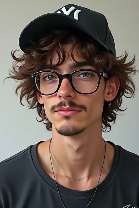 beautiful man wearing baseball cap, curly brown hair with white streaks on the back of his head, bisexual, glasses, curled mustache, caucasian, blue eyes, 2D, baggy t-shirt, tuxedo cat