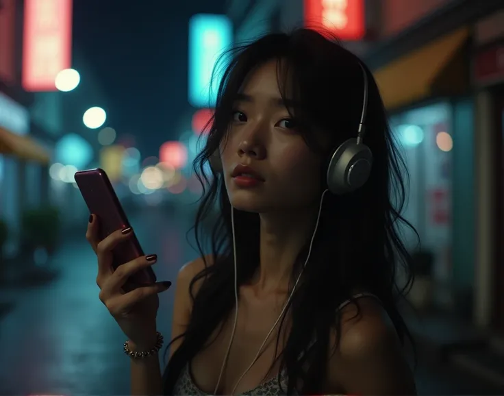 charming woman, have a foldable phone, Japanese woman, long wavy hair,moody night,shoulder off,hed set,wearing headphones,basking in strong sunlight,old hip hop style,