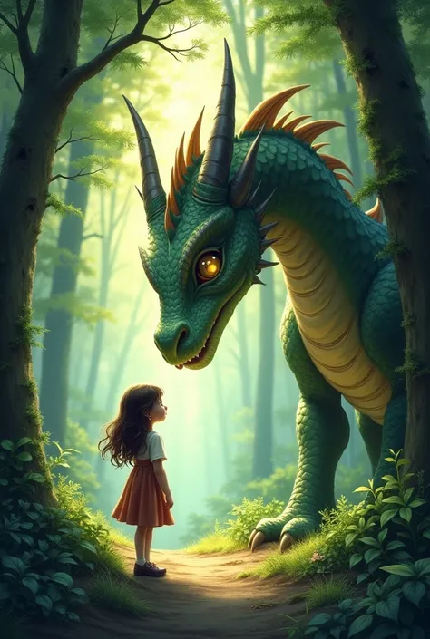 Cover of a dragon in a forest, Talking to a nine year old girl. 