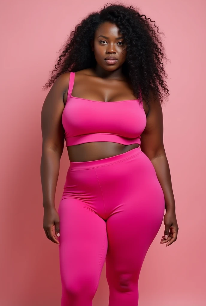 Curved with moderately big hips African lady wearing pink tights with flat tummy facing the camera 