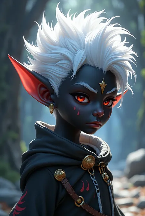 I need a Gnome with black skin and white hair, rpg character, Arte estilo de anime