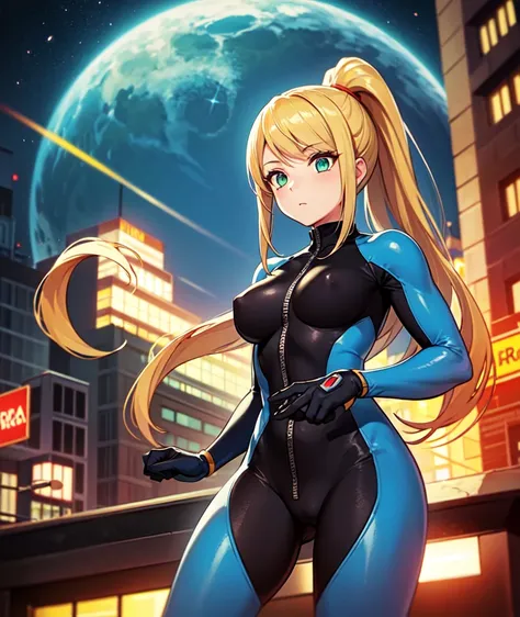 One girl,Samus Aran,alone,Green Eyes,Blonde,Zero Suit,ponytail、Light blue bodysuit,Dark blue stripes,Cowboy Shot,City of night,sf,Very detailed,Sharp focus,beautiful,(Highest quality)