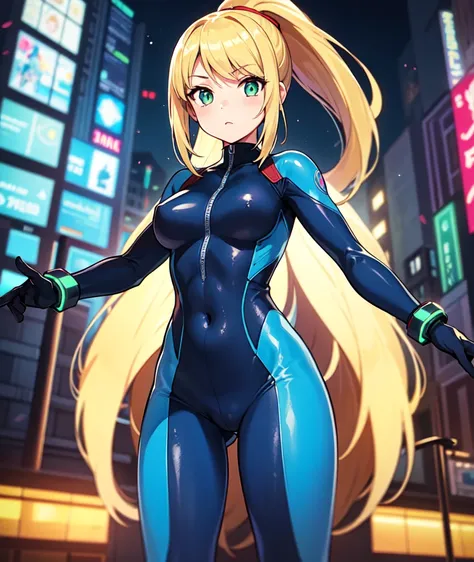 One girl,Samus Aran,alone,Green Eyes,Blonde,Zero Suit,ponytail、Light blue bodysuit,Dark blue stripes,Cowboy Shot,City of night,sf,Very detailed,Sharp focus,beautiful,(Highest quality)