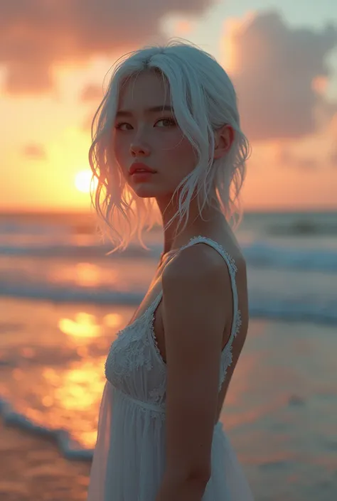 masterpiece,ultra realistic,32k,extremely detailed CG unity 8k wallpaper, best quality, white-haired european girl, in wet dress, wet disheveled hairs, closed her eyes and smiles, near sea at dusk, full body, small boobs, standing against the backdrop of s...