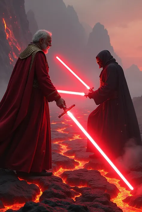 Create a Sith Pope fighting against Wududy with lightsabers on a planet of Laba like the one in the movie and the Pope is in trouble but keeps fighting