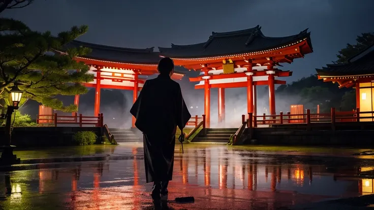 Beautiful japan scene temple night rain 