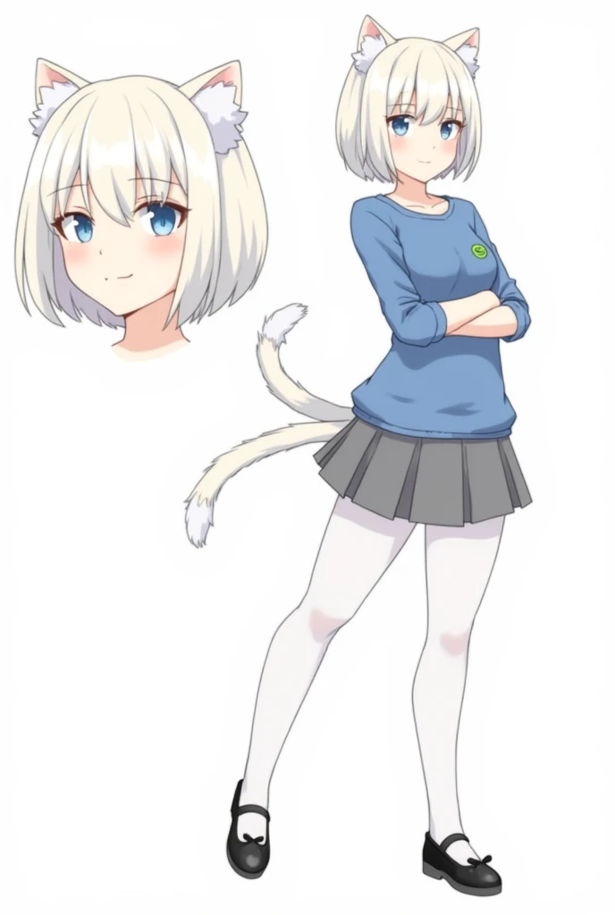 1girl, reference sheet, ((cats tail)), short stature, short haircut, white skin, blonde hair, square haircut, white ears, cat ears, snide look, smile, solo, cat tag, blue top with sleeves, gray school skirt, blue eyes, black shoes, white fluffy tail, ((blu...