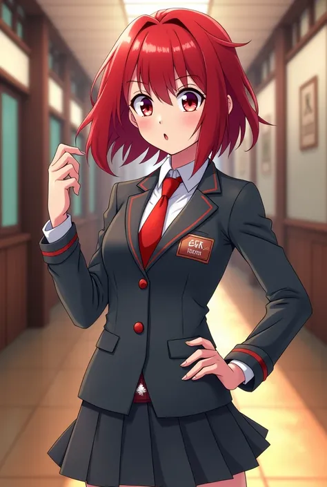 「My Hero Academia」 Red Hair　girl　U.A. High School uniform gray　red tie　Tsundere　Hero department　Her chest is an A cup　White skin　My Hero Academia