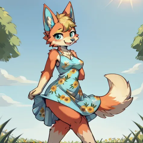 (best quality, masterpiece:1), furry female anthro audie wolf girl, solo, standing, flower dress, dancing, wolf tail, medium breasts, smile, open mouth, looking at viewer, (tall grass meadow background:1.0), blue sky