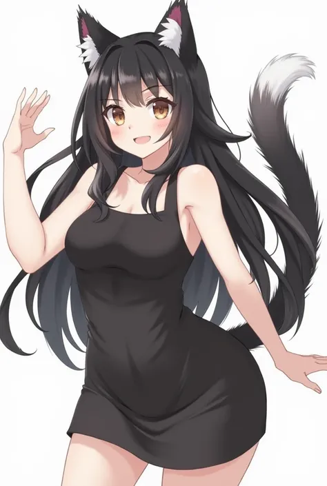 1girl, anthro, solo, long hair, bangs, black hair, animal ears, tail, brawn eyes, sidelocks, sleeveless, full body, big breasts, cat ears, wolf tail, furry, cat tail, wide-eyed, furry female, cat girl, bun cover, body fur, animal nose, black fur, two-tone ...