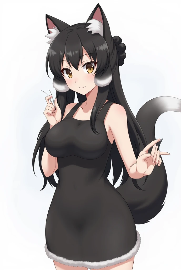 1girl, anthro, solo, long hair, bangs, black hair, animal ears, tail, brawn eyes, sidelocks, sleeveless, full body, big breasts, cat ears, wolf tail, furry, cat tail, wide-eyed, furry female, cat girl, bun cover, body fur, animal nose, black fur, two-tone ...