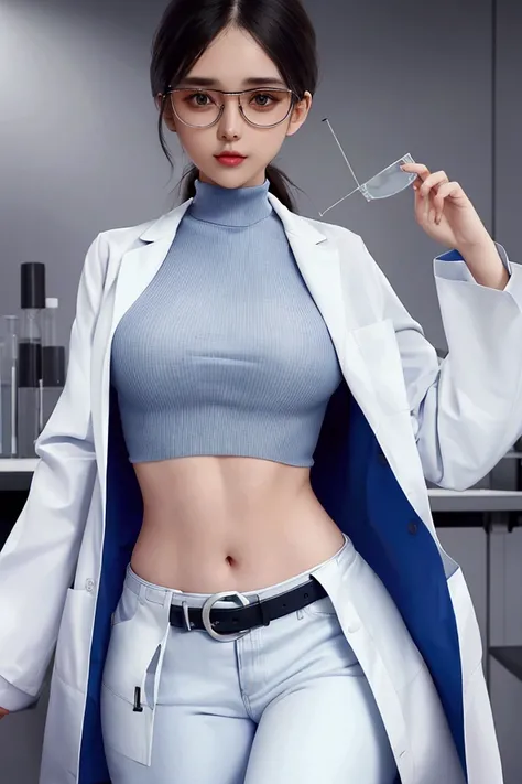 Girl in Laboratory, Turtle-neck, lab coat, showing navel, belt, Exposing the abdomen below the navel, well-dressed, glasses, blue jean, laboratory
