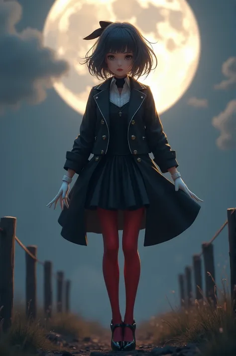 Photo by Edelgard_Academy, hair ribbon, black jacket, Black Dress, ascot, red pantyhose, white gloves, highheels, Walk on the battlefield, Munligt, full moon, Young, teenaged, (Skinny), Small , , 1 girl, (((..3d, video game))),Masterpiece, Best Quality, in...