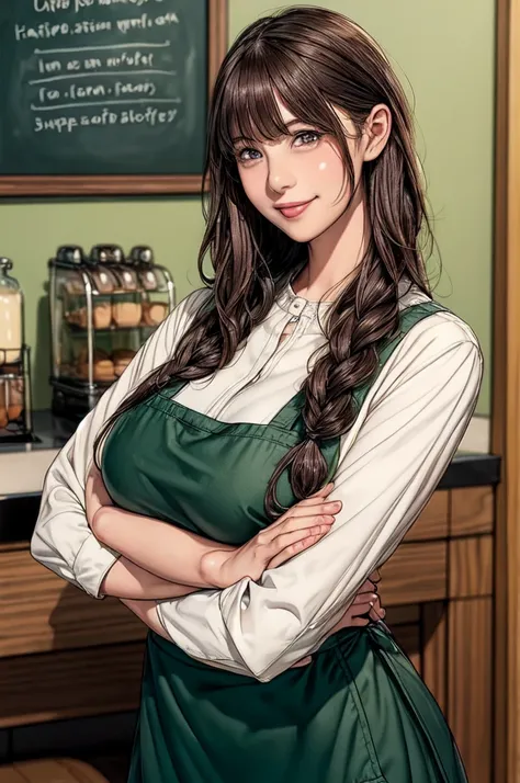 Only one female, /(staff uniform/) /(Dark green apron/), /(Brown Hair/) bangs, A gentle blushing smile, (Masterpiece Top quality:1.2) Delicate illustrations, super detailed, Big Breasts, /(Cafe Shop/),Braiding,skirt