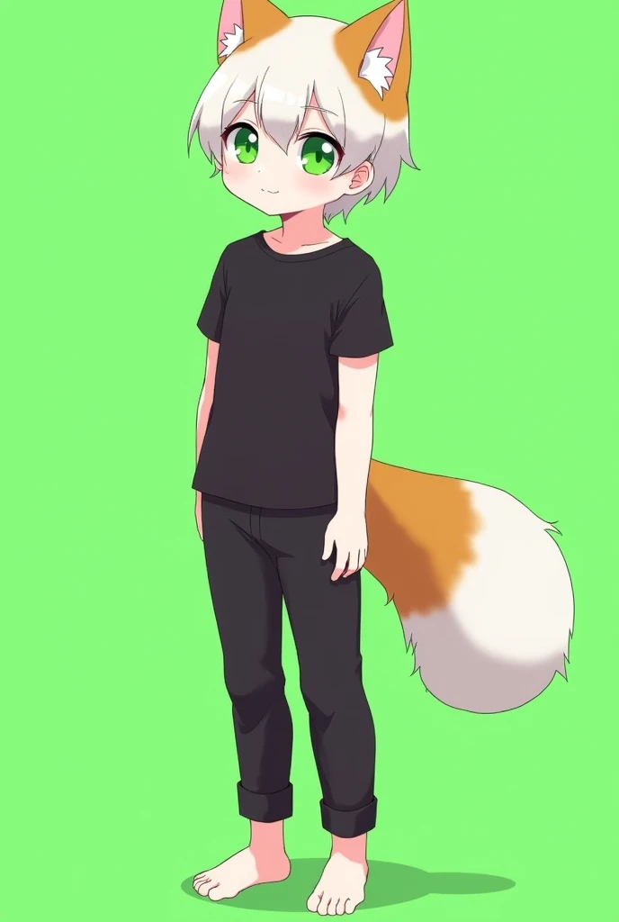 solo, tail, shirt, animal ears, furry, black shirt, pants, green eyes, standing, full body, calico cat, green background, short sleeves, short hair, white hair, looking at viewer, body fur, closed mouth, smile, furry male, male focus, barefoot, 1boy, cat t...