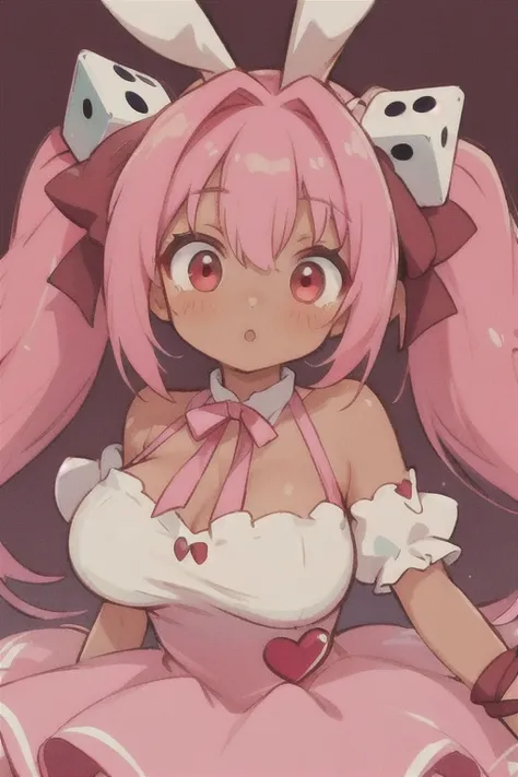 ultra-detailed,
master piece,best quality,high resolution,
beautiful eyes,detailed eyes,detailed face,
beautiful detailed eyes,symmetrical clear eyes,
1girl,used,long hair, rabbit ears, twintails, pink hair, dice hair ornament, pink ribbon, pink bow, bare ...