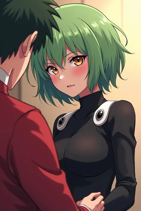 masterpiece, Best Quality, Anime girl with short curly green hair wearing a black outfit, Tatsumaki de One Punch Man, having sex with a man, penis in vagina, Tatsumaki, naruto art style, drawn by kishimoto, naruto art,