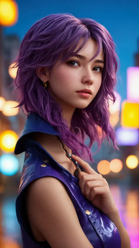 (at night), alone, in a video game scene a background of a beautiful city during the day raining, standing at attention, purple hair, lightning behind her, lightning coming out of her hand ((purple hair)), 1 girl, alone, 20 years old, young woman, perfect ...