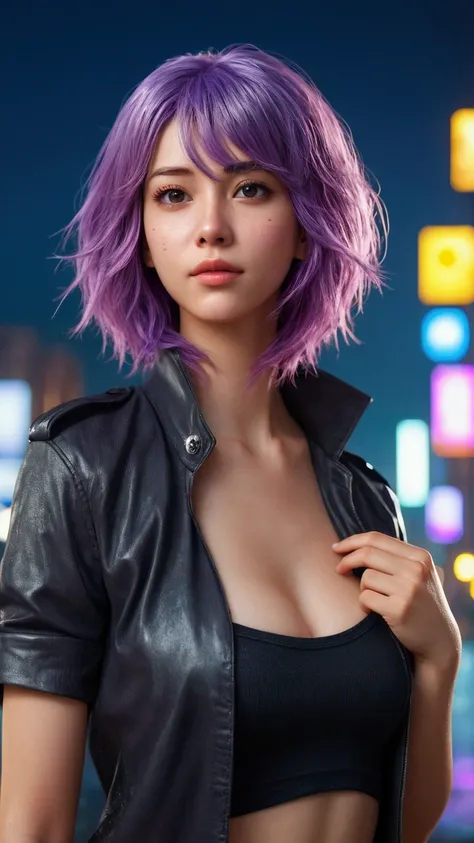 (at night), alone, in a video game scene a background of a beautiful city during the day raining, standing at attention, purple hair, lightning behind her, lightning coming out of her hand ((purple hair)), 1 girl, alone, 20 years old, young woman, perfect ...