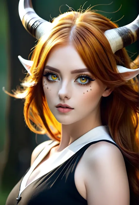 A famale, amber hair, white eyes, Big Curved Horns, HD, UHD, 4K