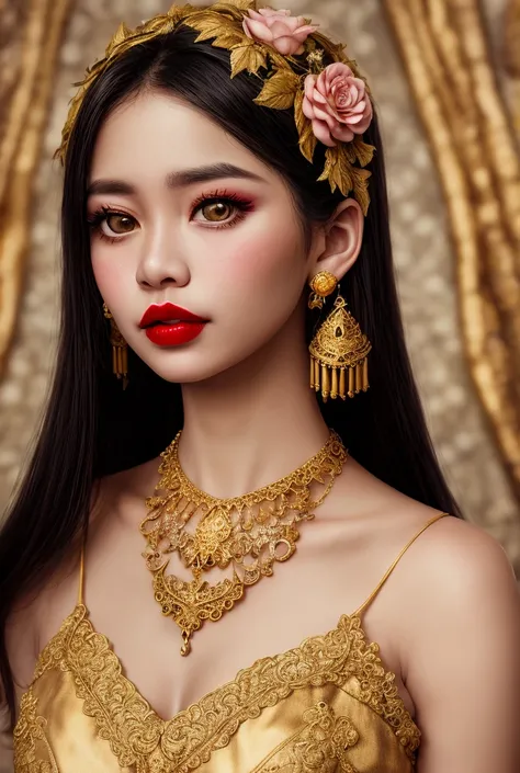 photography, woman,  portrait of woman wearing Indonesian_high_school, red lipstick, golden necklace, earrings, ornate, detail, flowers, blurry background, soft focus