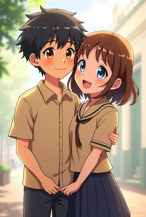 Anime couple, a small man in a Thai student uniform, brown eyes, leaning on the shoulder of a man who is 10 centimeters tall, blue eyes, wearing a Thai student uniform, smiling happily.

