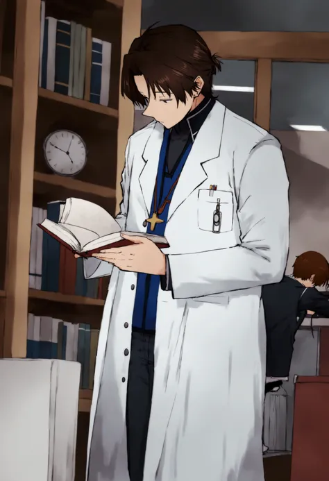 arafed male in a lab coat reading a book in a library, (brown hair:1.3), (doctor), doctor, with a lab coat, wearing a labcoat, wearing lab coat, asian old skinny scientist, wearing a lab coat, kim doyoung, medical doctor, white coat, jk uniform, hq, er dra...